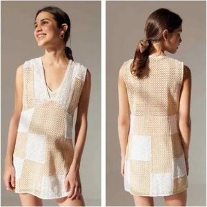 Urban Outfitters Tan and White Patchwork Eyelet Shift Dress Size S